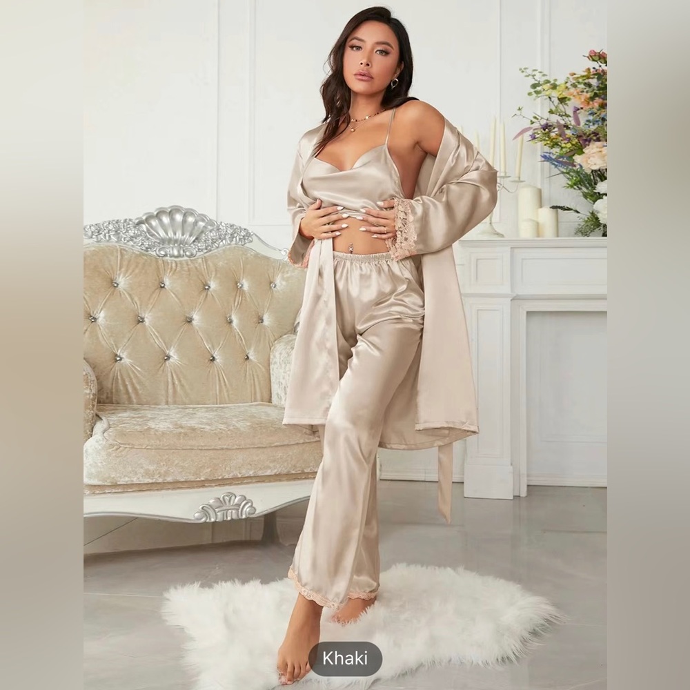 Cream/Khaki 3-piece Sets Silk Satin Cami Top & Pants With Robe Pajama Set - Picture 5 of 8